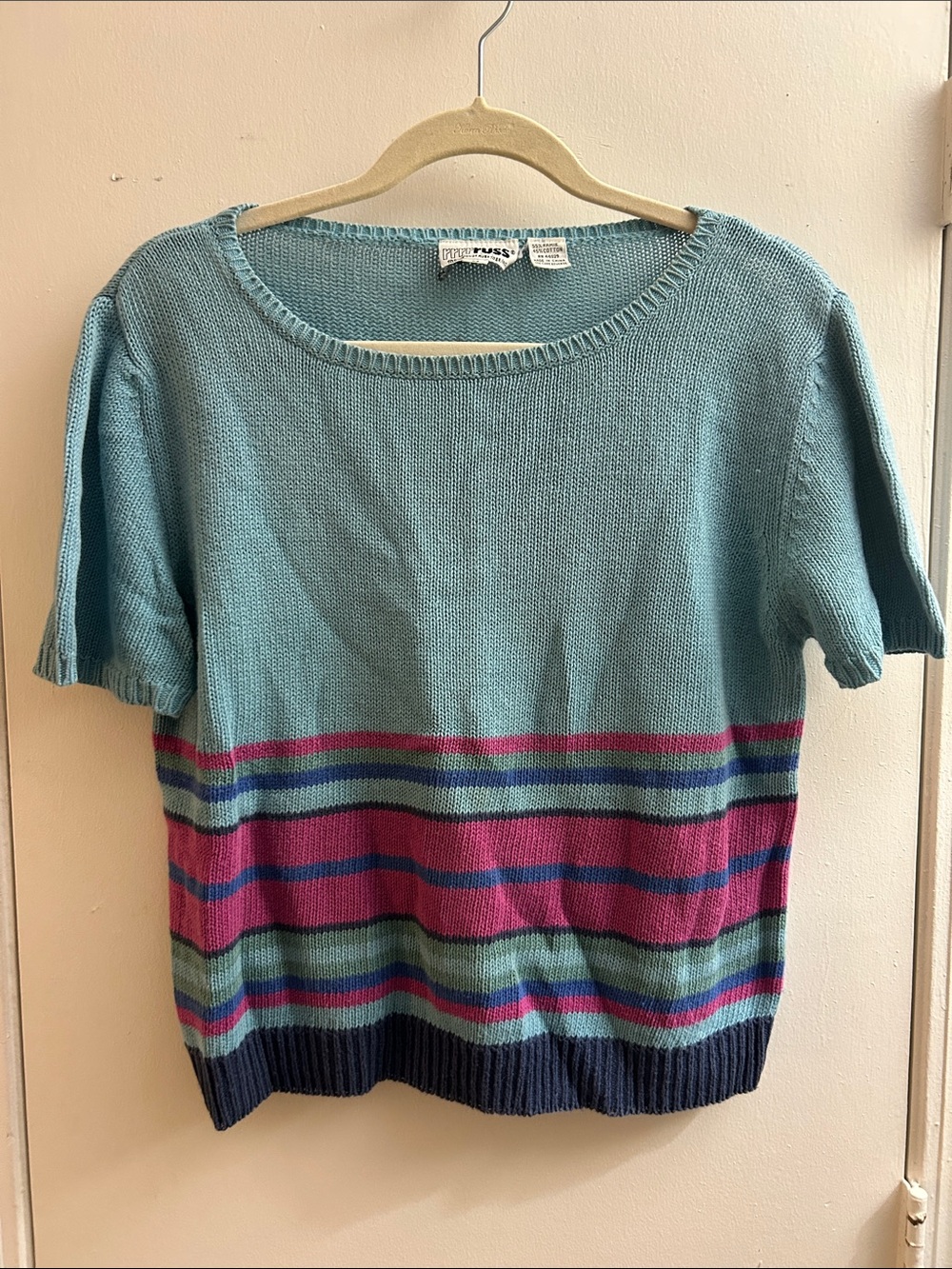 Vintage Russ Light Teal Knit Short Sleeve Top